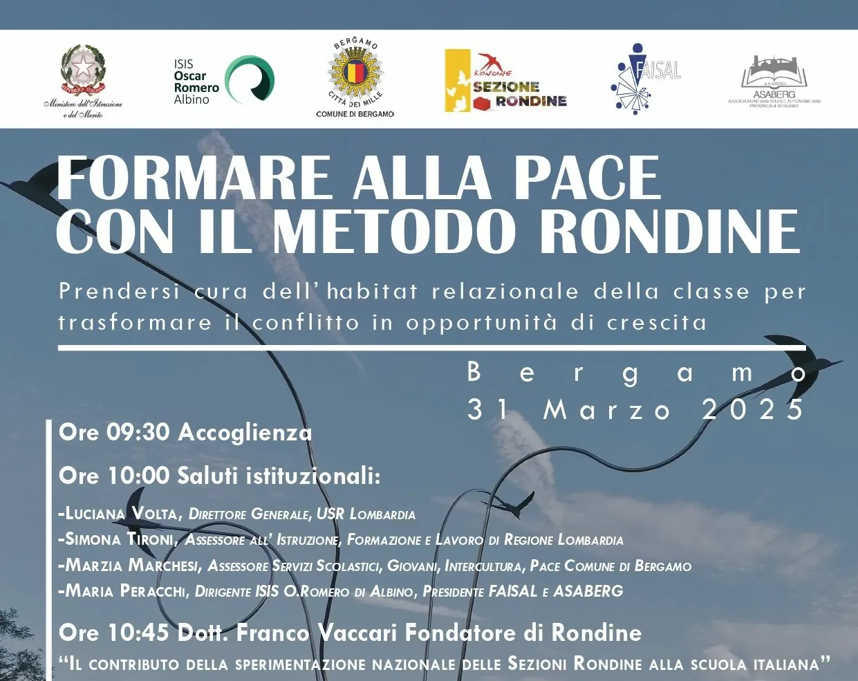 locandina "formare alla pace con il metodo rondine", a bergamo per una scuola di pace